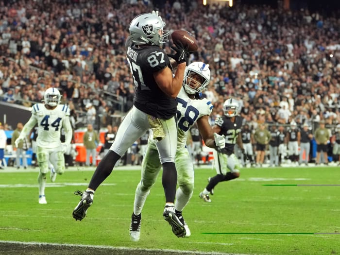 Nov 13, 2022; Paradise, Nevada, USA; Indianapolis Colts linebacker Bobby Okereke (58) breaks up a touchdown pass intended for Las Vegas Raiders tight end Foster Moreau (87) during the second half at Allegiant Stadium. Mandatory Credit: Stephen R. Sylvanie-USA TODAY Sports